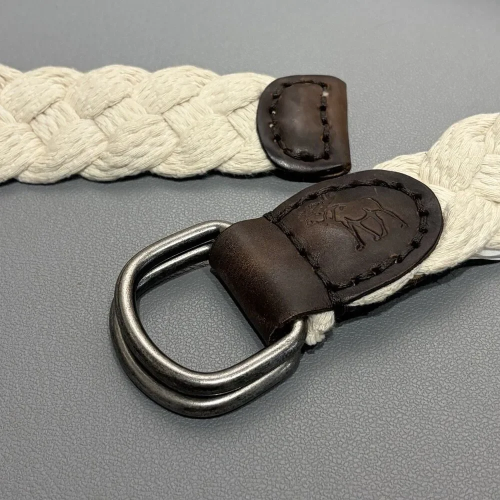 Abercrombie Fitch A&F Woven Cotton Leather Belt Size 33 Cream Moose Logo D-Rings